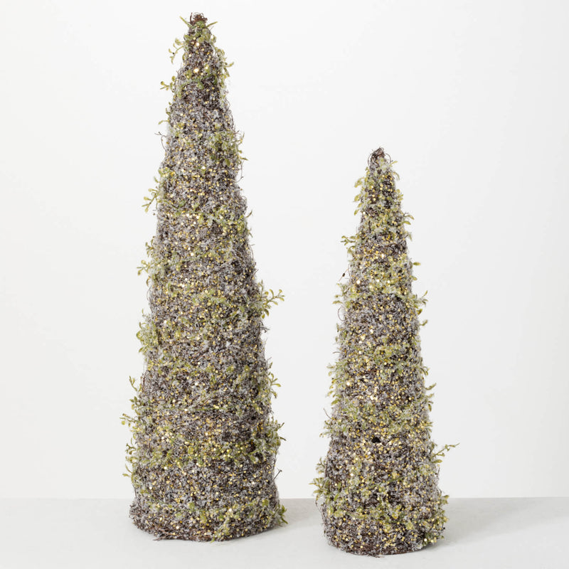 Frosted Glitterered Decorative Cone Tabletop Christmas Tree Set