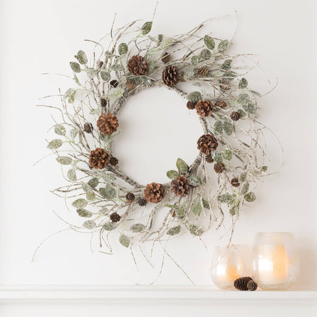 Frosted Birch Leaf, Twig, and Pine Cone Wreath