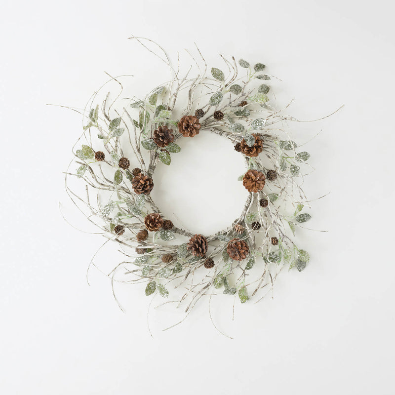 Frosted Birch Leaf, Twig, and Pine Cone Wreath