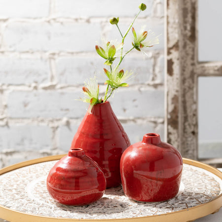 Glossy Red Ceramic Bud Vases, Set of 3