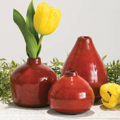 Glossy Red Ceramic Bud Vases, Set of 3