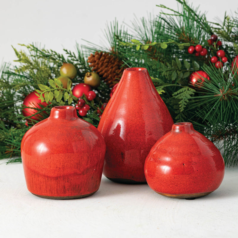 Glossy Red Ceramic Bud Vases, Set of 3