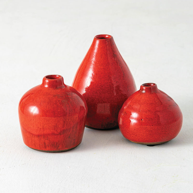 Glossy Red Ceramic Bud Vases, Set of 3