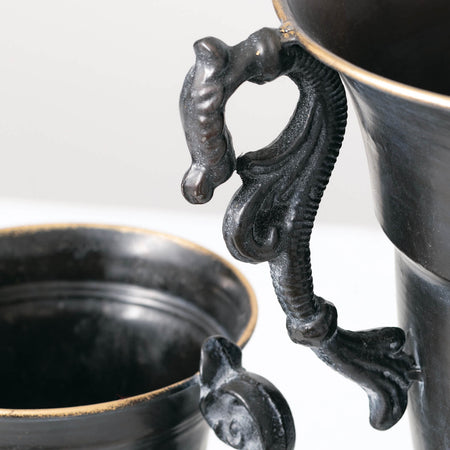 Ornate Black Metal Handled Urn Set
