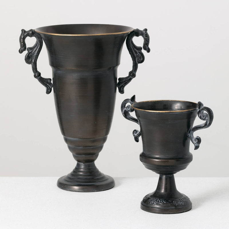 Ornate Black Metal Handled Urn Set