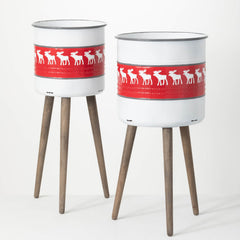 Rustic Scandi Red and White Reindeer Metal Planter Stands, Set of 2