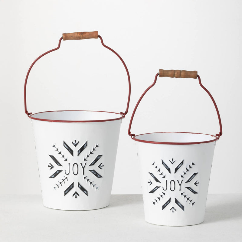 Rustic Metal Red and White Christmas Buckets, Set of 2