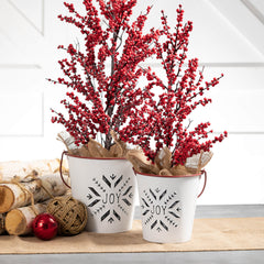 Rustic Metal Red and White Christmas Buckets, Set of 2