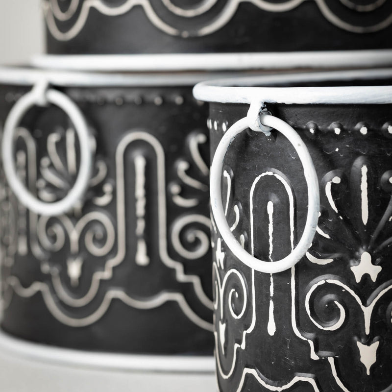Black And White Patterned Metal Planter Set Of 3