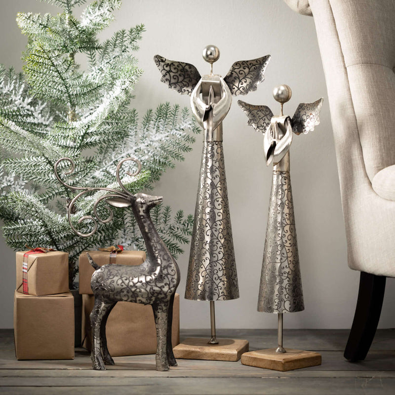 Modern Ornate Metal and Wood Angel Figurine, Set of 2