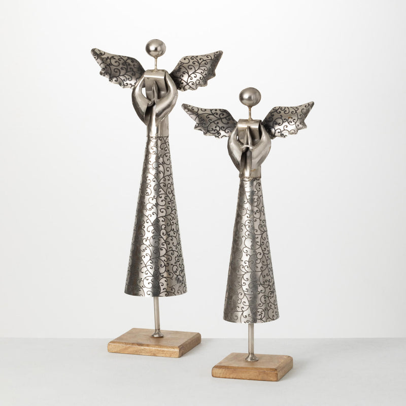 Modern Ornate Metal and Wood Angel Figurine, Set of 2