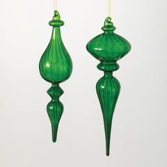 Oversized Vintage Glass Emerald Green Finial Christmas Ornaments Set Of 2