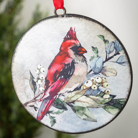 Vintage Metal Hand-Painted Cardinal Disc Christmas Ornament