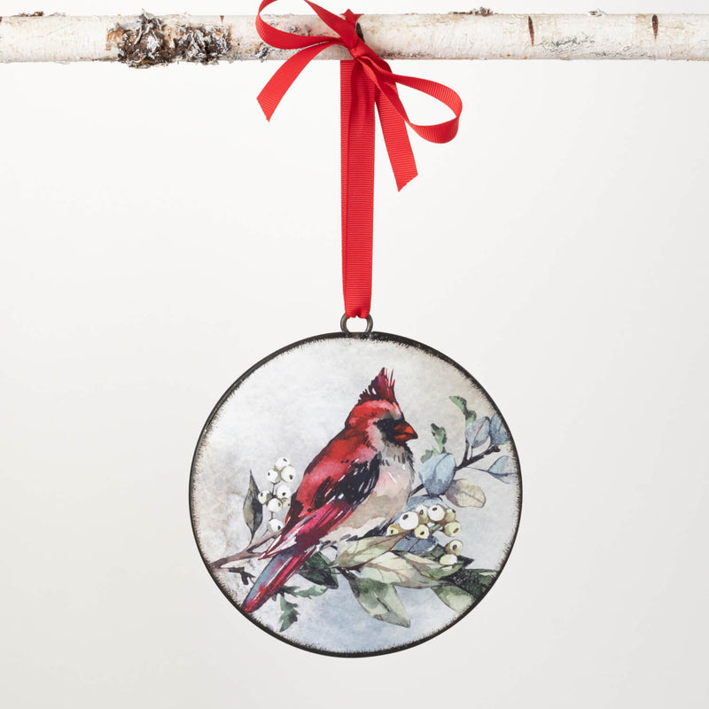 Vintage Metal Hand-Painted Cardinal Disc Christmas Ornament