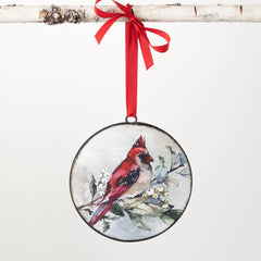 Vintage Metal Hand-Painted Cardinal Disc Christmas Ornament