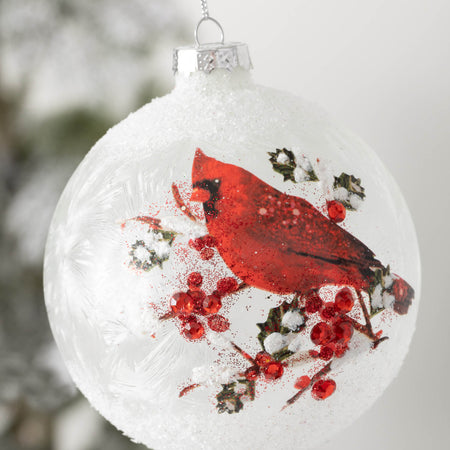 Vintage White And Red Glittery Cardinal Ball Christmas Ornament