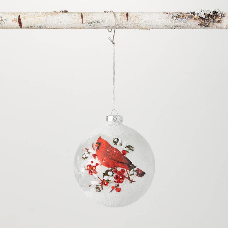 Vintage White And Red Glittery Cardinal Ball Christmas Ornament