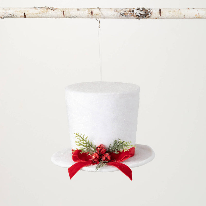 Glittery White Snowman Hat With Red Jingle Bells Christmas Ornament