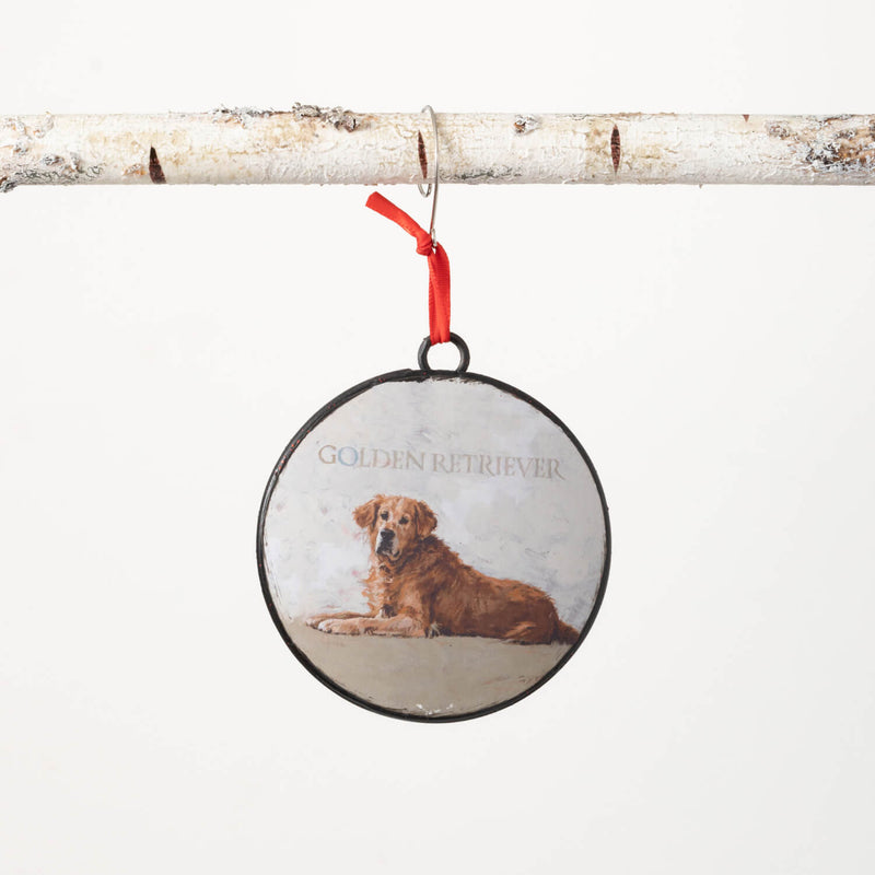 Darren Gygi Rustic Golden Retriever Dog Metal Disc Christmas Ornament