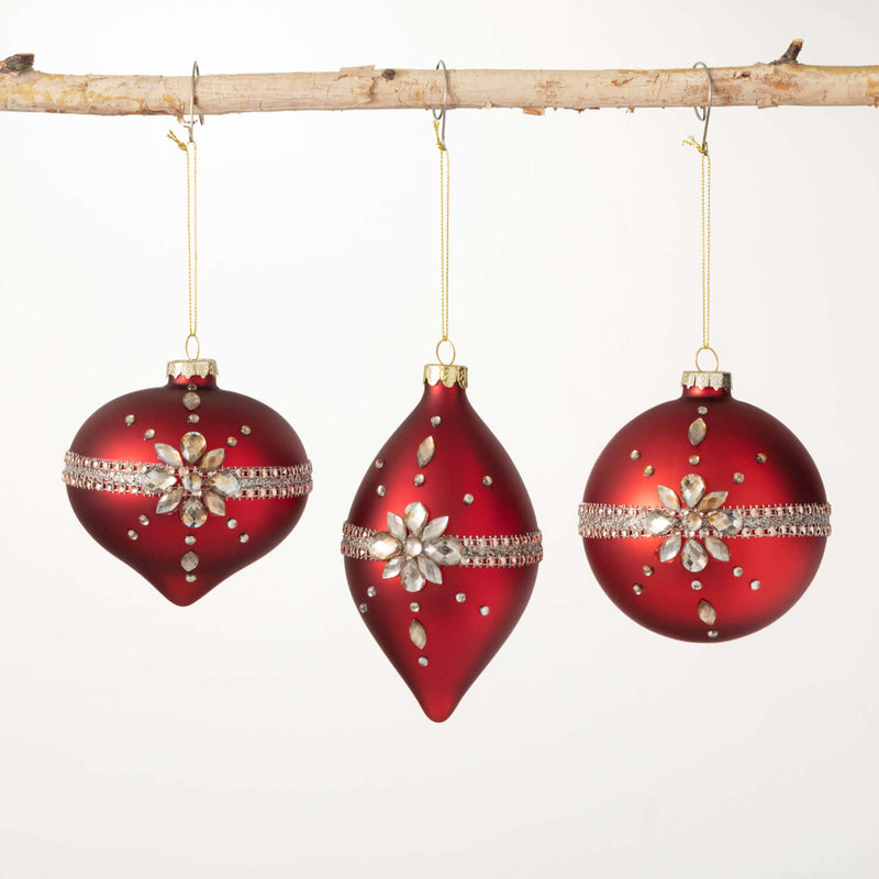 Matte Red & Gem Ornament Set