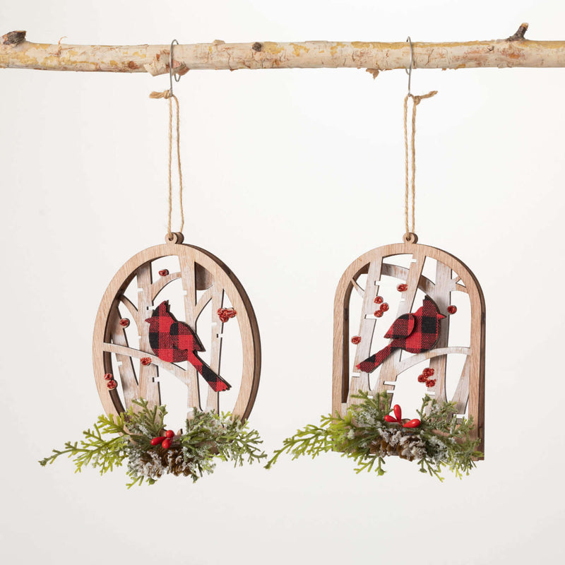 Plaid Cardinal Wood Ornaments