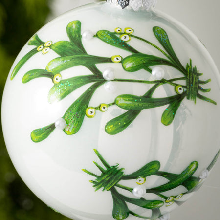 Shimmering Vintage Glass Ball Textured Green And White Mistletoe Christmas Ornament