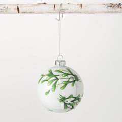 Shimmering Vintage Glass Ball Textured Green And White Mistletoe Christmas Ornament