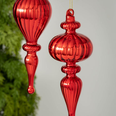 Vintage Shiny Red Glass Finial Christmas Ornaments Set Of 2