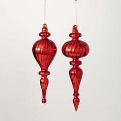 Vintage Shiny Red Glass Finial Christmas Ornaments Set Of 2