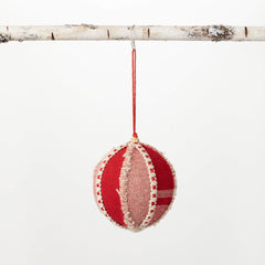 Vintage Red And White Fabric Textured Ball Christmas Ornament