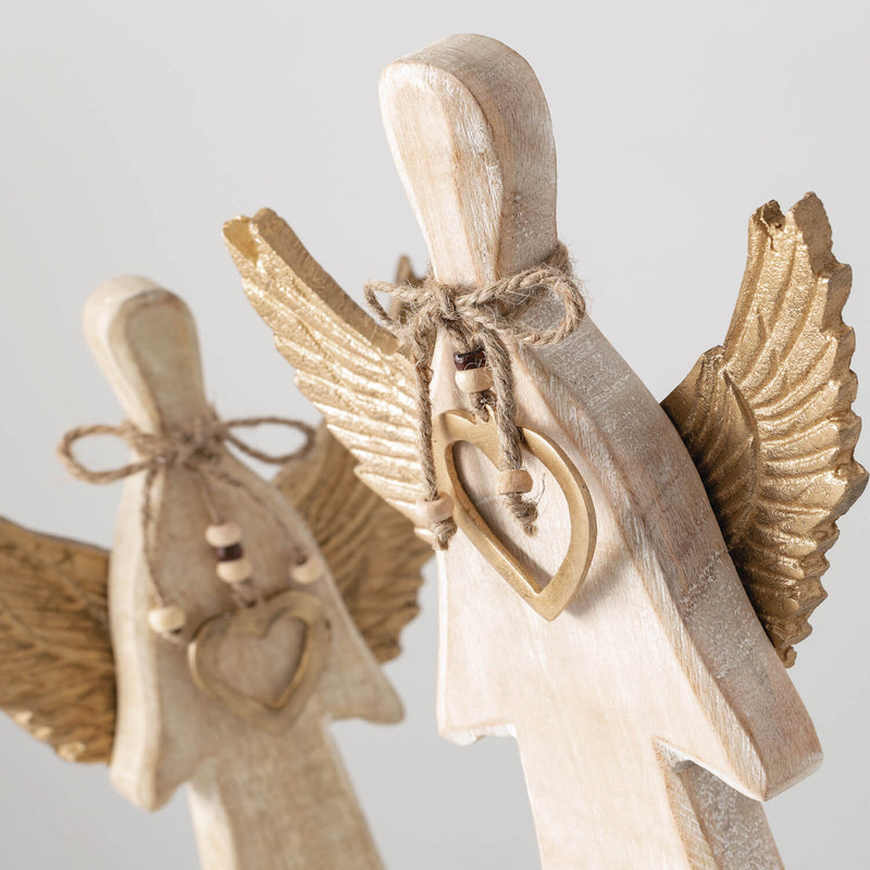 21" Natural Wood & Gold Metal Christmas Angel Set of 2