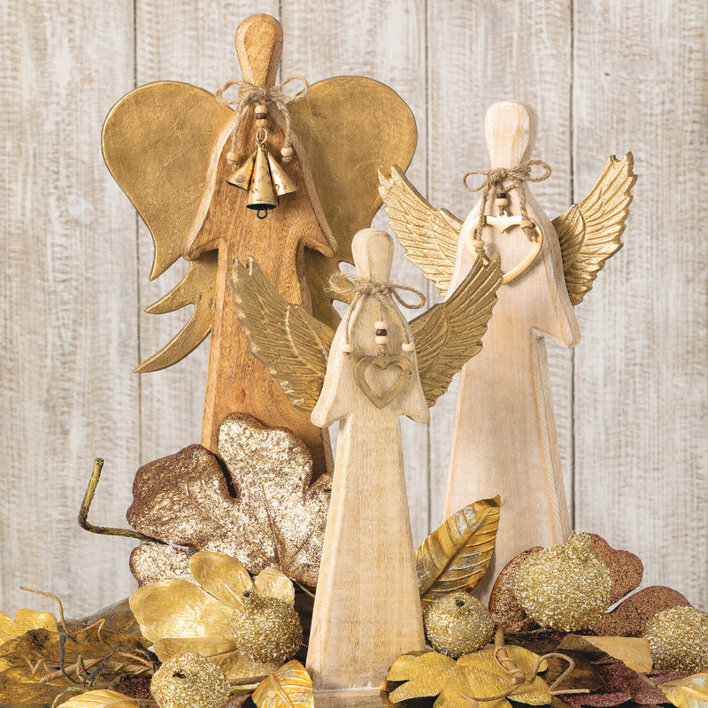 21" Natural Wood & Gold Metal Christmas Angel Set of 2