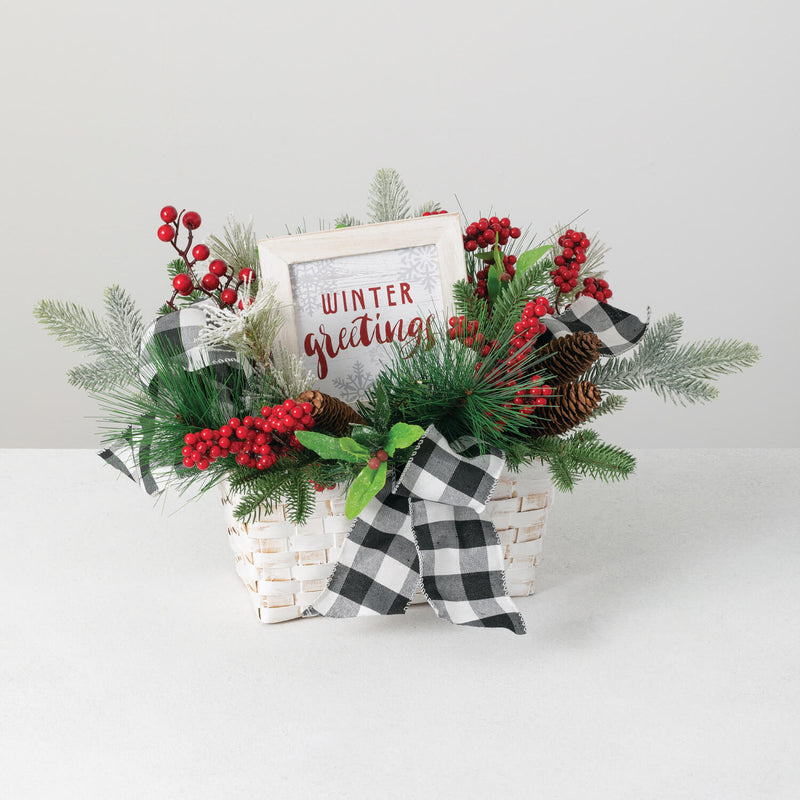 Pine, Berry, and Pine Cone Christmas Basket Arrangement