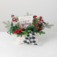 Pine, Berry, and Pine Cone Christmas Basket Arrangement