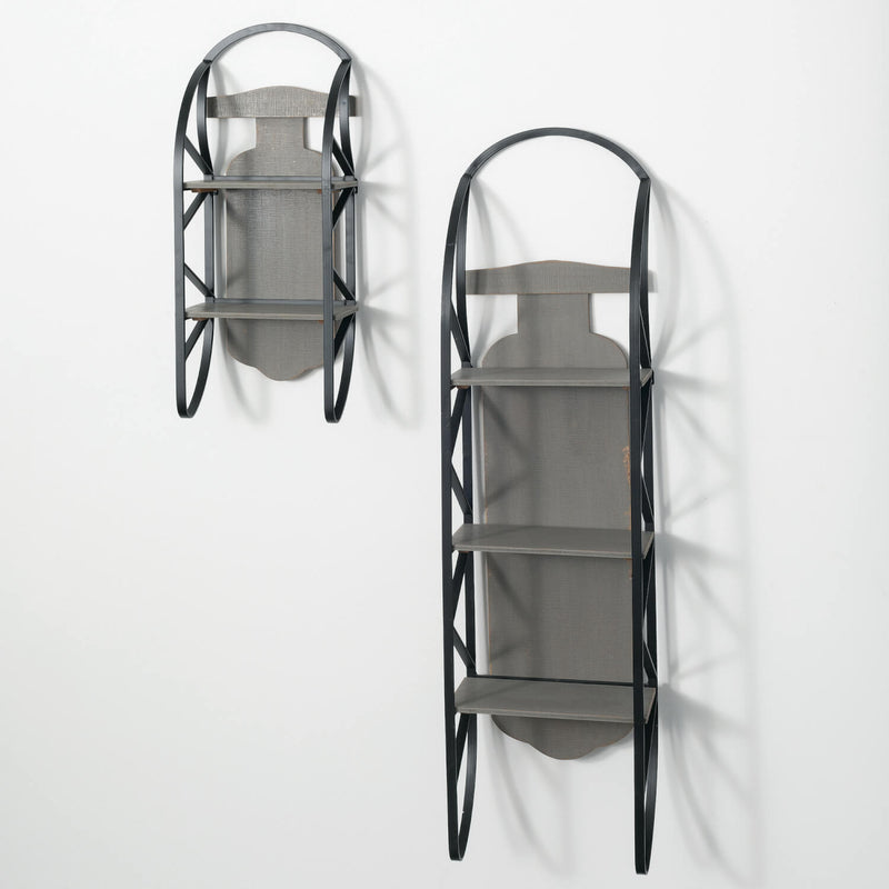 Gray Wood & Black Iron Winter Sled Wall Shelving Set of 2