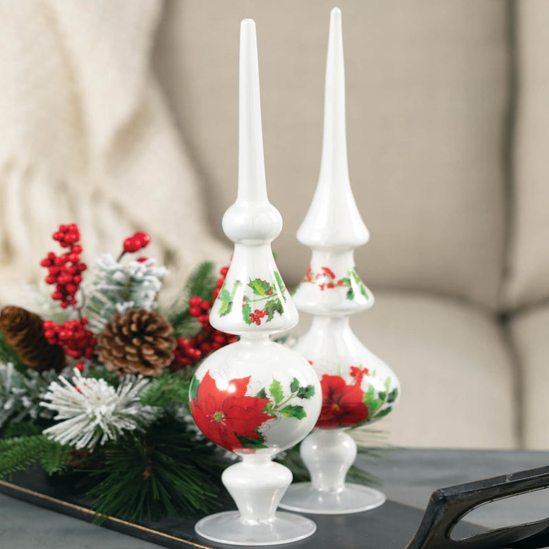 White and Botanical Finial Christmas Ornaments, Set of 2