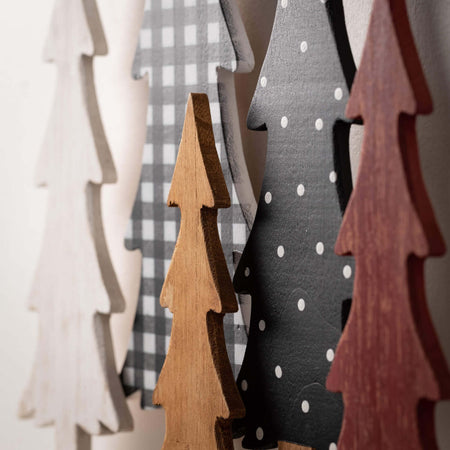 Whimsical Patterned Wooden Christmas Tree Scene