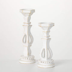 White Wood Pillar Holder Set