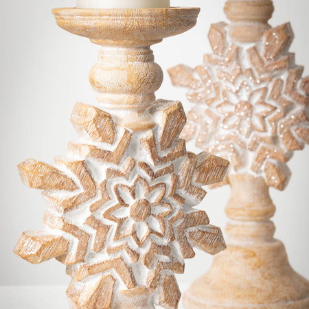 Rustic Whitewashed Snowflake Candleholder Set of 2