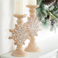 Rustic Whitewashed Snowflake Candleholder Set of 2