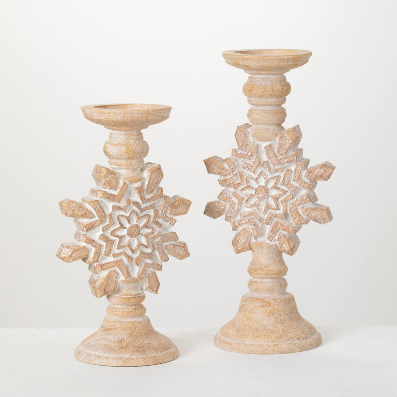 Rustic Whitewashed Snowflake Candleholder Set of 2