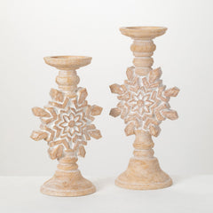 Rustic Whitewashed Snowflake Candleholder Set of 2