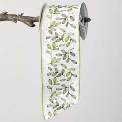 White & Green Embroidered Mistletoe Christmas Ribbon