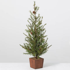 Green Pine Christmas Tree with Pine Cones in a Wooden Box