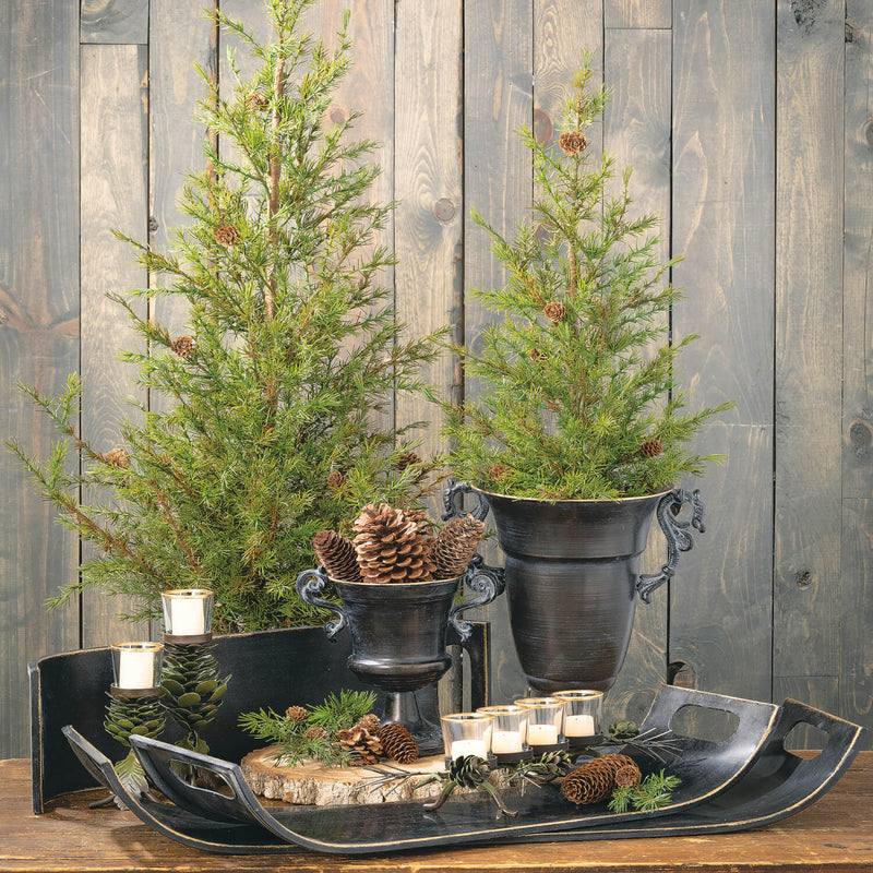 Green Pine Christmas Tree with Pine Cones in a Wooden Box