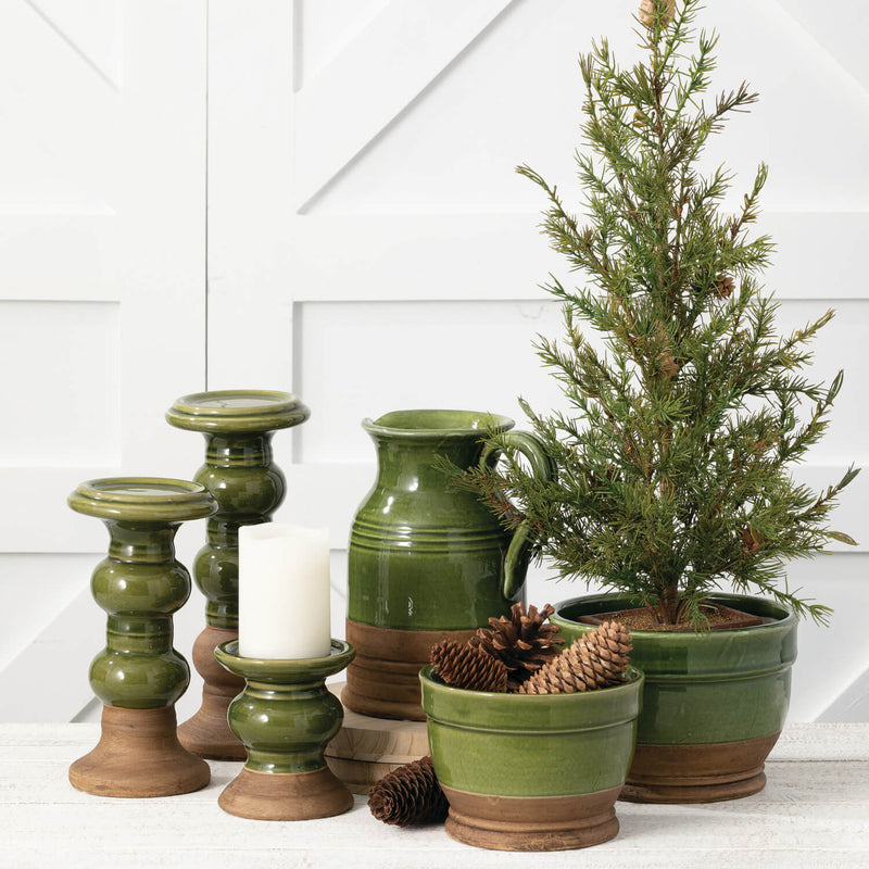 Green Pine Christmas Tree with Pine Cones in a Wooden Box