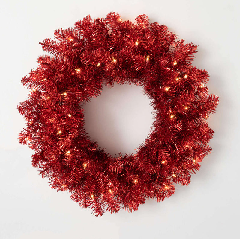 Red Illuminated Tinsel Wreath